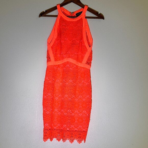 ASTR Women's Dress M Crochet Halter High Neck Lace Bright Neon Orange Bodycon - Picture 1 of 11
